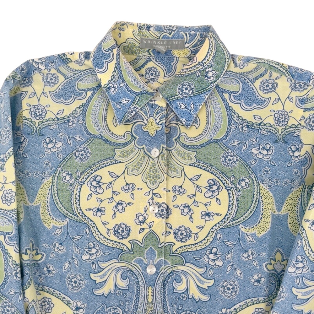 Vintage Foxcroft Paisley Button Down Shirt Womens 8P Blue Yellow Floral Academic